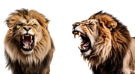 King of Lions: Set of Aggressive Roaring Lion Portraits, Isolated on Transparent Background, PNG - obrazy, fototapety, plakaty