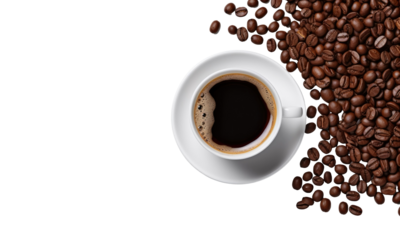 cup of coffee with beans isolated  on transparent background