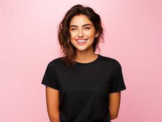 Fototapeta premium Lady wearing a plain tshirt standing in front of isolated pink background - ai generative