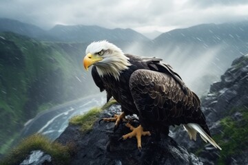 a bald eagle on a rock. Ai ilustration. digital painting. Generative AI Artificial Intelligence Artwork