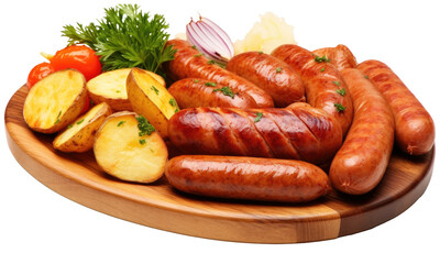 Various sausages on a wooden plate, potatoes,  isolated on transparent background