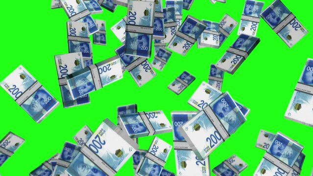 Israel Shekel 200 ILS banknote packs falling loop. Israeli money note fall. 3D seamless looped isolated abstract concept of economy, finance, crisis, success and banking. Green screen.