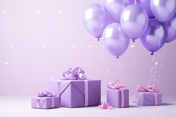 ight violet background with balloons and colorful party supplies in a violet gift box, in the style of shaped canvas