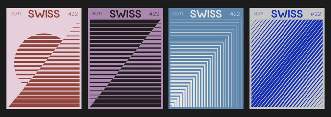 Set Of Modern Swiss Design Geometric Covers. Minimal Bauhaus Posters. Striped Halftone Shapes.