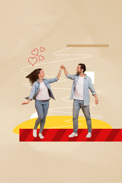 Photo sketch collage picture of happy smiling husband wife dancing celebrating valentine day isolated beige color background