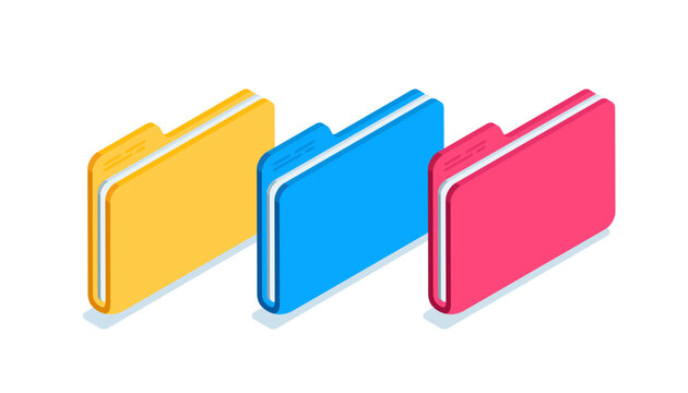 isometric set of colored folders with documents, in color on a white background, design element or paper work with data