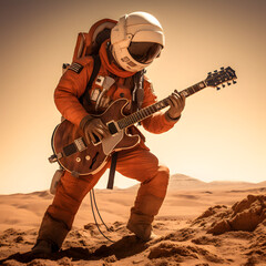Cosmonaut playing guitar on planet Mars, hyperrealistic photo.