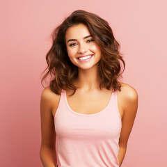 Obraz premium Lady wearing a plain tank top standing in front of isolated pink background - ai generative