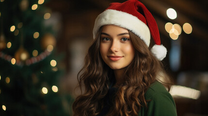 Beautiful young woman in santa hat on christmas background.