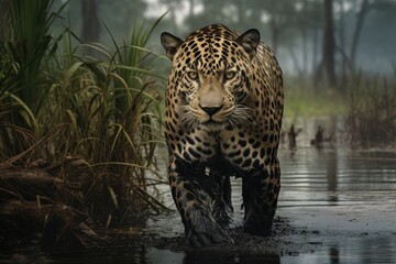 a leopard walking in water. Ai ilustration. digital painting. Generative AI Artificial Intelligence Artwork