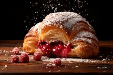 A visually enticing shot captures a raspberryfilled croissant - obrazy, fototapety, plakaty