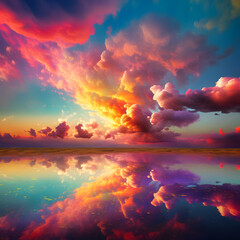 Obraz premium Farbenpoesie am Horizont - Ein bunter Himmel mit Wolken und Spiegelung im Wasser schafft eine zauberhafte Naturszene