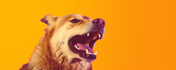 a brown dog laughing at yellow background, in the style of minimalistic japanese, light orange and magenta, photo-realistic hyperbole, shaped canvas, website created with Generative Ai