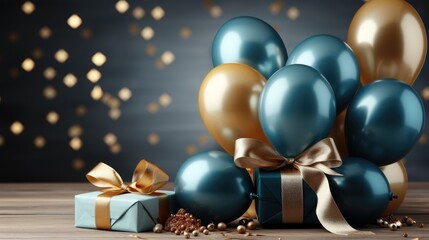 Fototapeta na wymiar Holiday celebration background with blue and golden balloons, generative ai