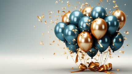 Holiday celebration background with blue and golden balloons, generative ai