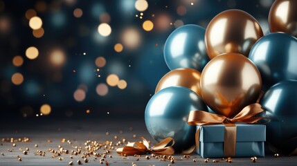 Holiday celebration background with blue and golden balloons, generative ai