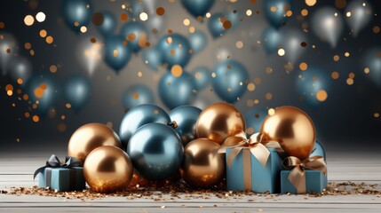 Holiday celebration background with blue and golden balloons, generative ai