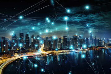 Fototapeta na wymiar Networked cityscape with glowing nodes and lines against a night skyline