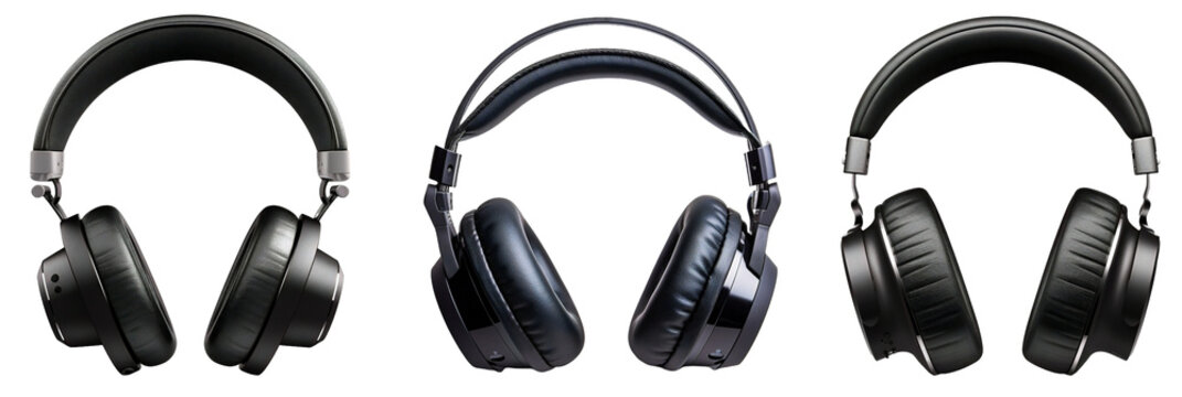 Collection of headphones in black color isolated in transparent background.