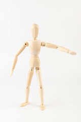 Wooden Mannequin, hopping, playing, without base, plain background, gesture, pose