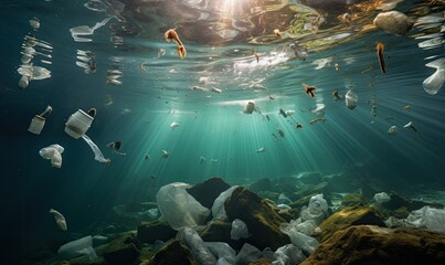 Naklejka na ściany i meble Ocean Pollution: A Vast Sea of Floating Debris Threatening Marine Life