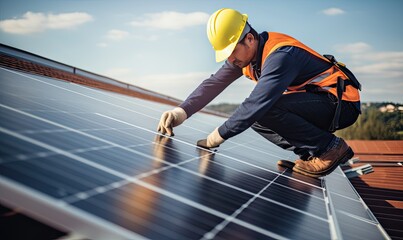 Man Installing Solar Panel on Roof