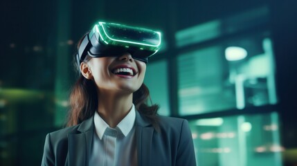 Smiling businesswoman in green sweater is wearing vr helmet. Digital interface in 3d glasses. Concept of future technology, interaction and entertainment playing game in virtual reality