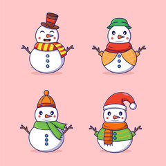 Bundle Set Snowman Vector Icon Illustration. Flat Cartoon Style Suitable for Web Landing Page, Banner, Flyer, Sticker, Card, Background