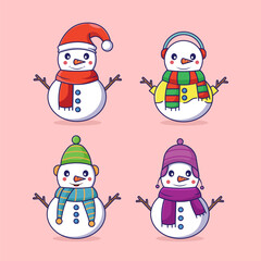 Bundle Set Snowman Vector Icon Illustration. Flat Cartoon Style Suitable for Web Landing Page, Banner, Flyer, Sticker, Card, Background