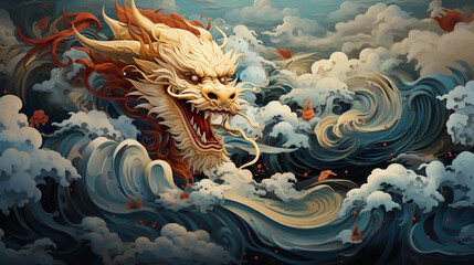 Chinese style traditional dragon illustration flying through the clouds. This dragon is famous in Chinese folklore and culture. - obrazy, fototapety, plakaty