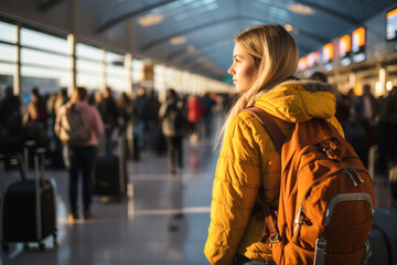 Traveler in a jacket and with a backpack stands in line at the airport and waits to check in for a flight. Airport terminal, check-in for a flight.