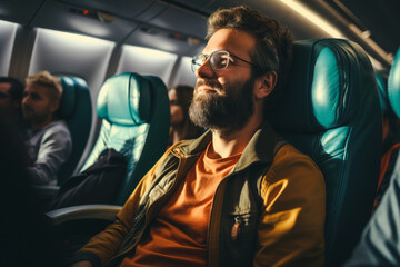 A passenger in the seat of an airplane preparing for takeoff, boarding an airplane, portrait of an adult bearded male traveler