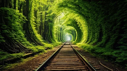 Washable Wallpaper Murals Railway Long tunnel with railroad tracks and green foliage, ai generative
