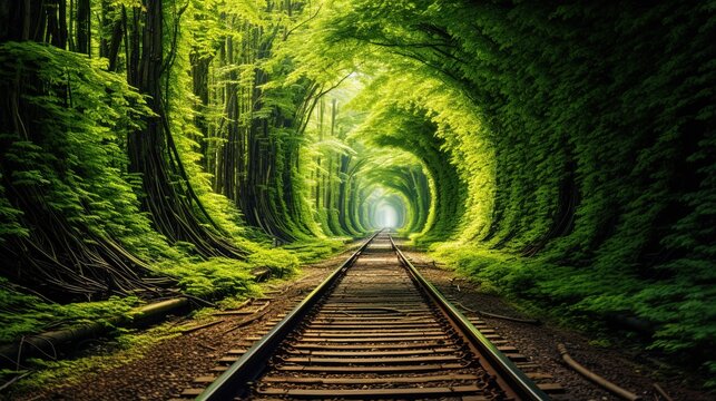 Fototapeta Long tunnel with railroad tracks and green foliage, ai generative