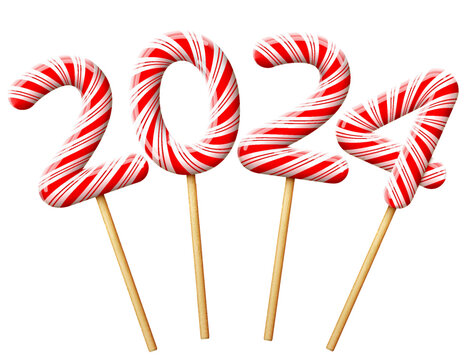 New Year 2024 in shape of candy on wooden stick. Year number of striped peppermint lollipops. Vector image for christmas, new years day, sweet-stuff, winter holiday, dessert, new years eve, etc