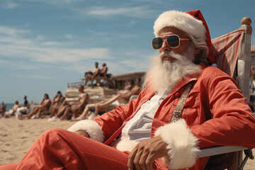Santa Claus sitting on beach chair and looking at camera. Christmas vacation.