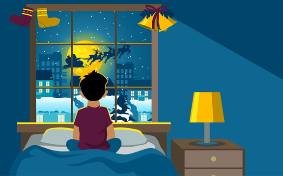 Illustration capturing the wonder of Christmas. Boy gazes out the window into the starlit night, discovering the magical silhouette of Santa Claus and his sleigh soaring across the luminous full moon