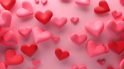 A background of floating red and pink 3D hearts in various sizes, creating a sense of depth, Hearts background, 3D style, Valentine’s Day, with copy space