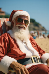 Portrait of Santa Claus sitting in chaise lounge on beach.