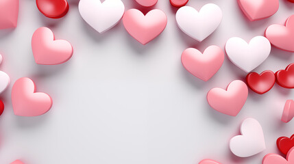 A minimalist design with a single large 3D heart in the center, surrounded by smaller hearts, Hearts background, 3D style, Valentine’s Day, with copy space - obrazy, fototapety, plakaty