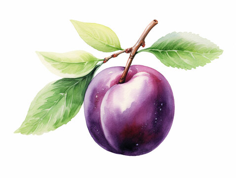 Plums with Leaves. Watercolour Illustration of Ripe Mirabelle or Damson Plum Isolated on White.