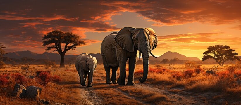 Fototapeta a group of elephants in the African savanna. a view of wild animal life in the wild