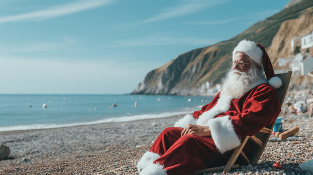 Santa Claus relaxing on the beach. Christmas and New Year concept.