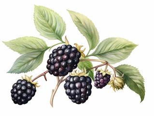 Blackberries with Leaves. Watercolour Illustration of Fresh Ripe Black berry Isolated on White.