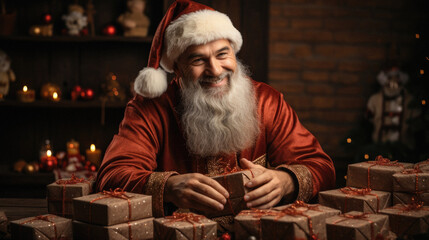 Portrait of Santa Claus with gift boxes in room decorated for Christmas.