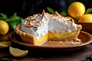 A lemon meringue pie with strawberries