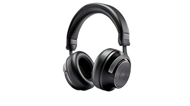 Black headphone isolated in transparent background.
