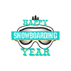 Obraz premium Snowboard logo design graphics. Happy snowboarding year label. Winter badge with glasses. Stock vector insignia
