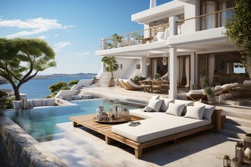 Exterior modern white villa with pool and garden