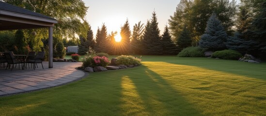 Backyard with green grass at sunrise - obrazy, fototapety, plakaty